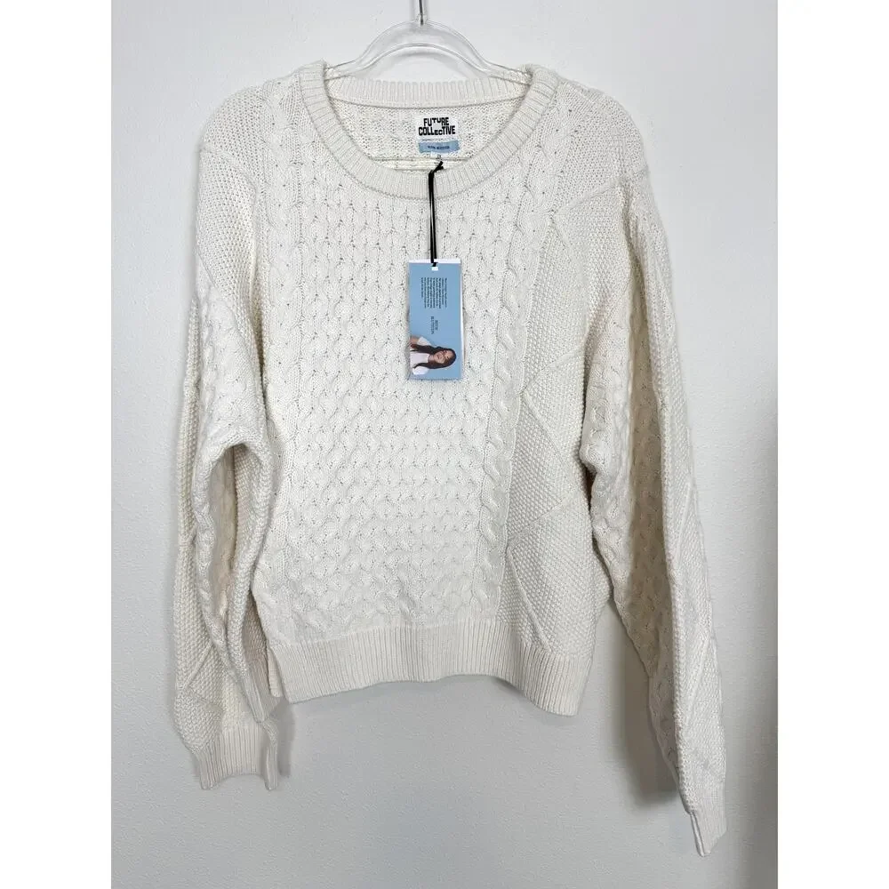 Future Collective Sweater Womens 2X White Cable Knit Raglan Pullover Crew Neck
